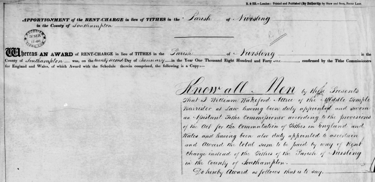 Tithe Apportionment Nursling Award