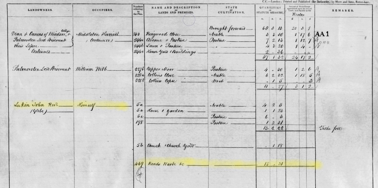 Tithe Apportionment Nursling Rev John Lukin Plots