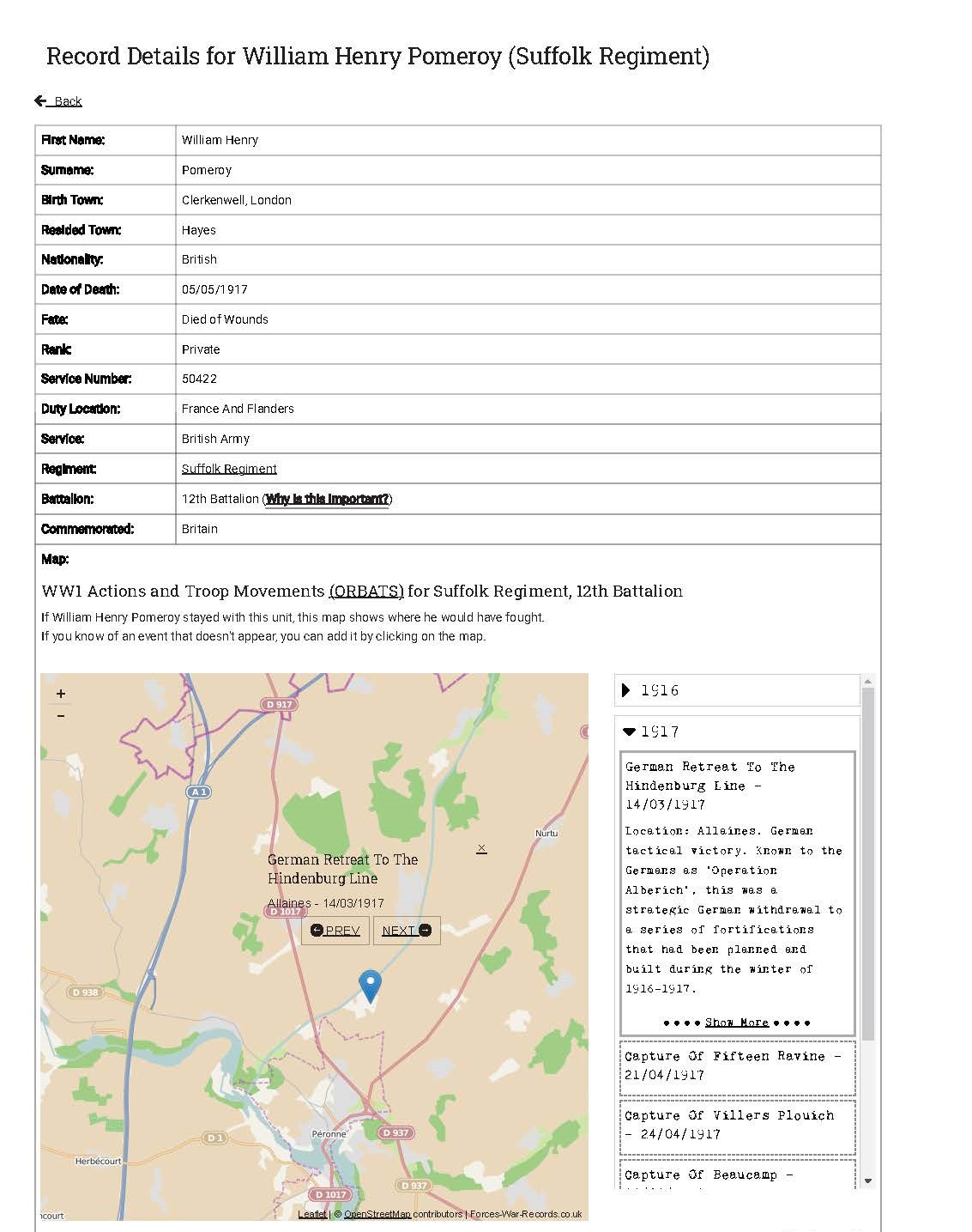Record Details for William Henry Pomeroy Suffolk Regiment2 Page 1