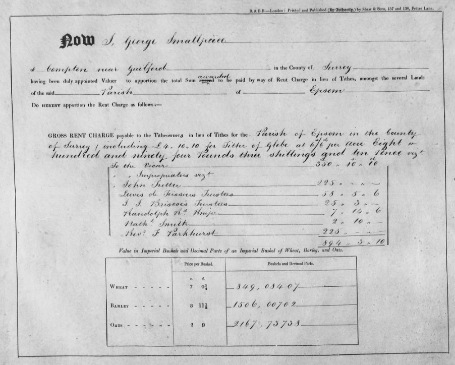 Tithe apportionment Epsom